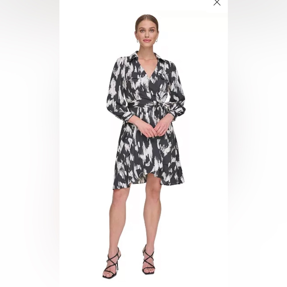 DKNY Women’s Black White Printed Belted Dress 8 Faux Wrap V-Neck Cocktail Office